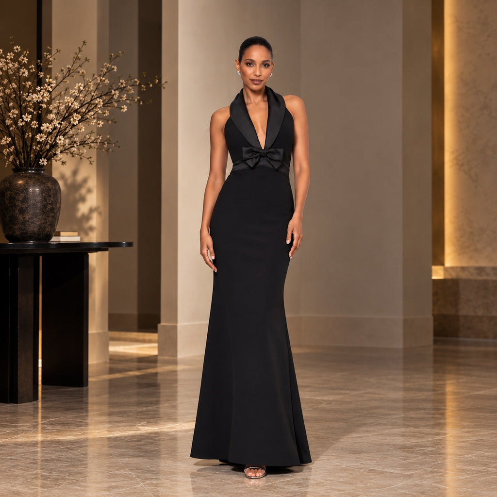 Vestido largo negro estilo esmoquin con lazo