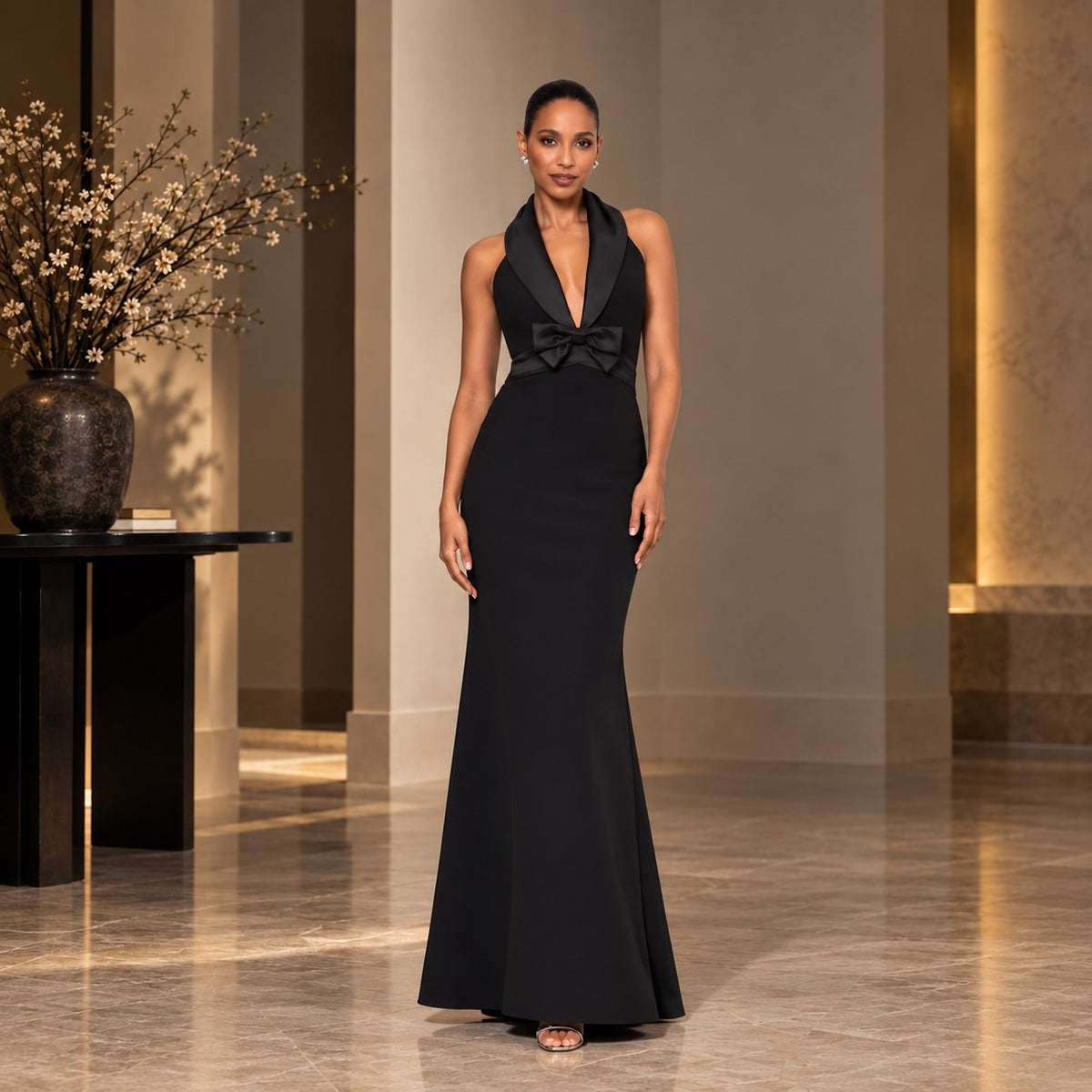 Vestido largo negro estilo esmoquin con lazo