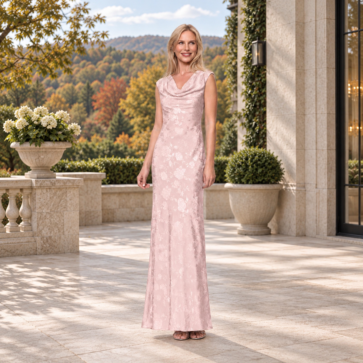 Vestido largo de satín rosa pastel con diseño floral
