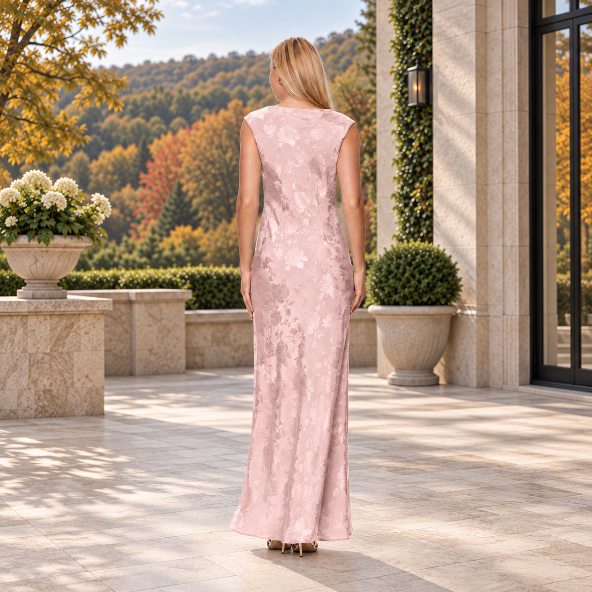 Vestido largo de satín rosa pastel con diseño floral