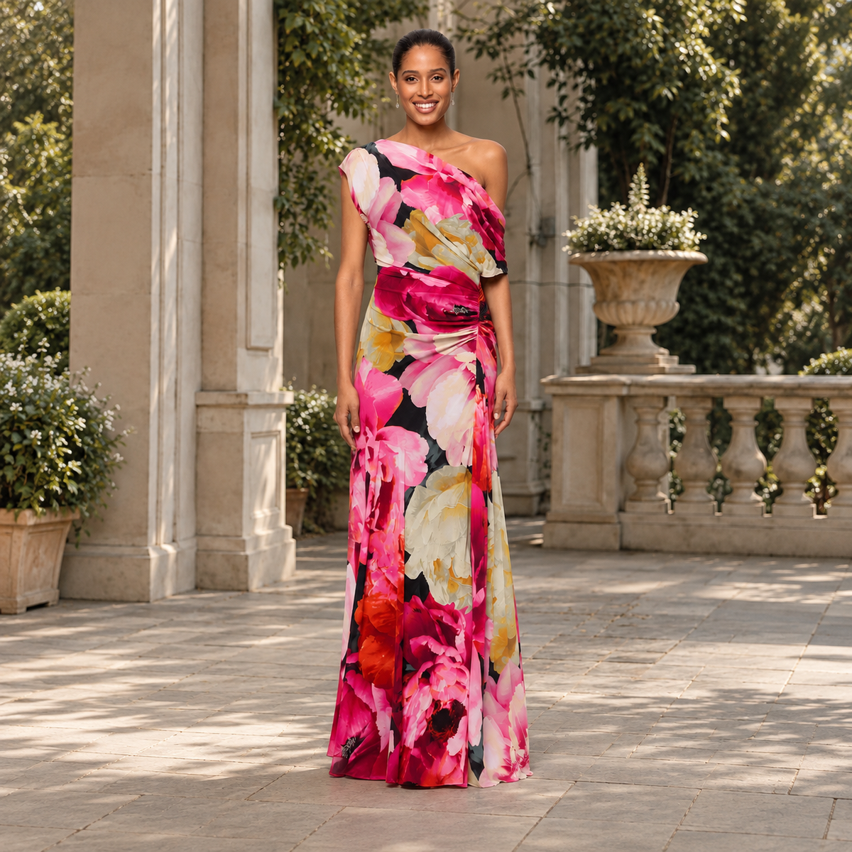 Vestido largo floral con escote asimétrico