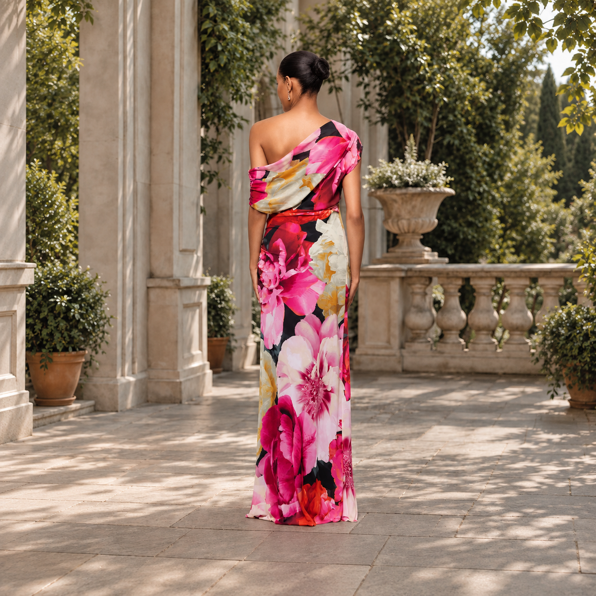 Vestido largo floral con escote asimétrico