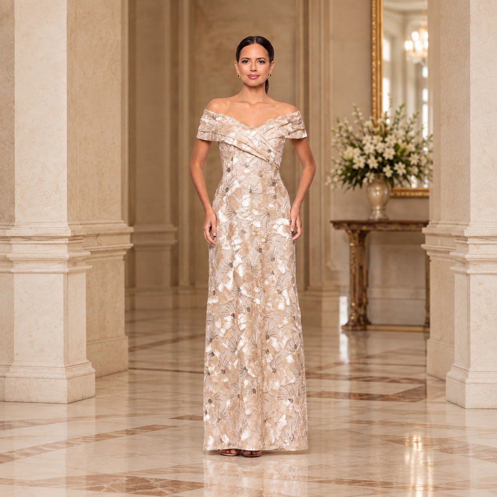 Vestido largo champagne floral con hombros descubiertos