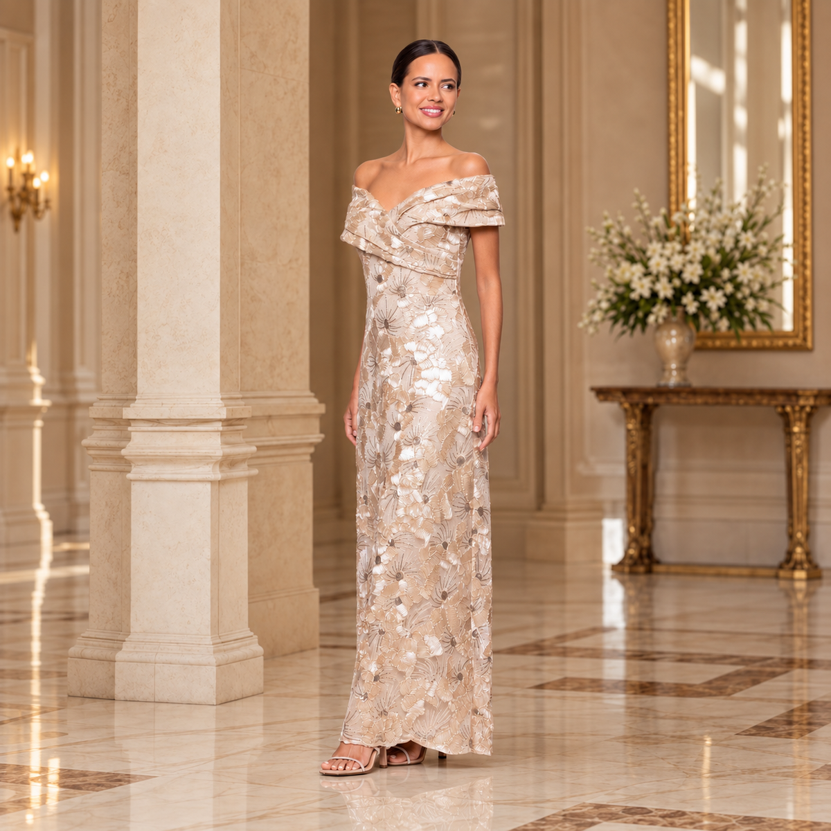 Vestido largo champagne floral con hombros descubiertos