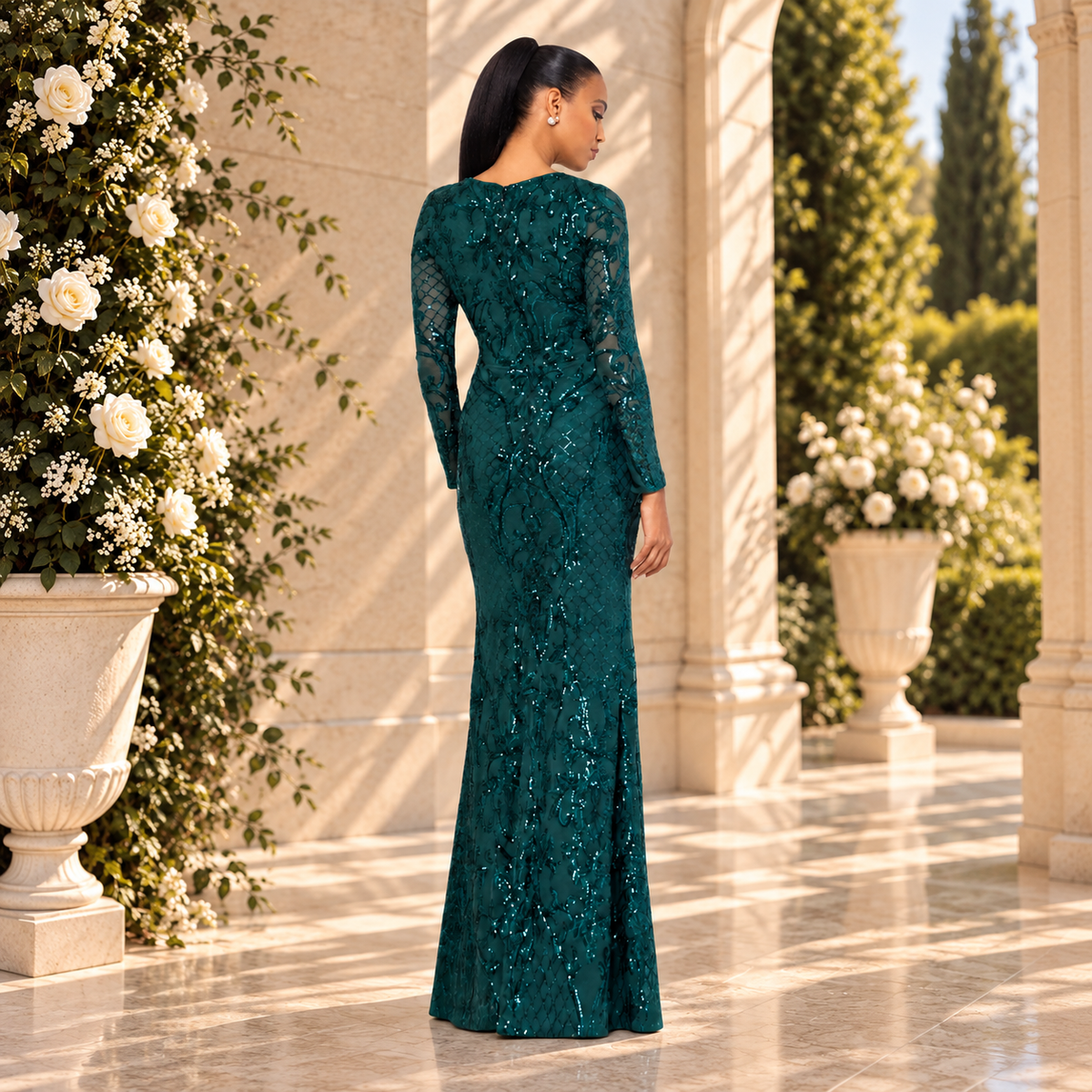 Vestido largo verde petróleo con lentejuelas