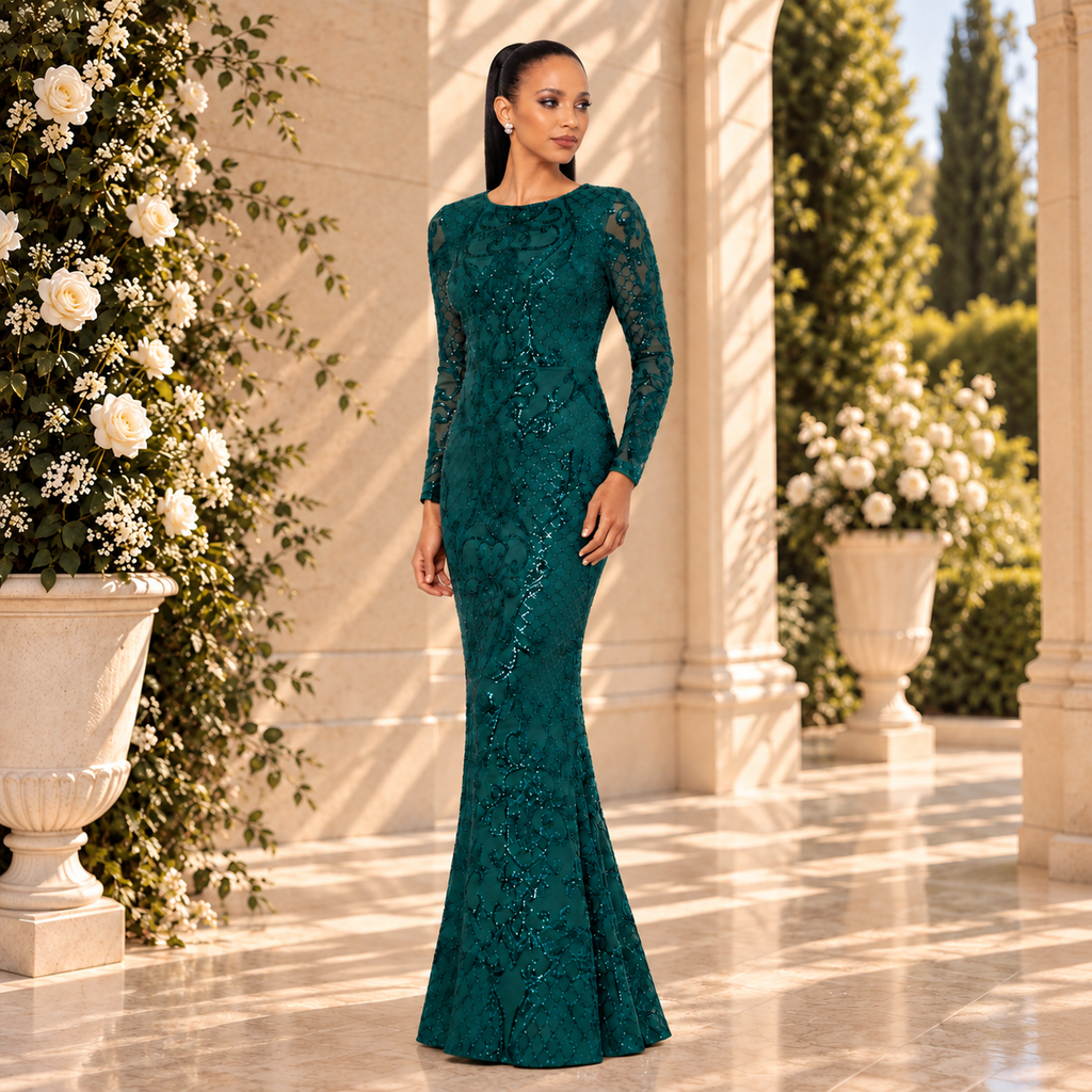 Vestido largo verde petróleo con lentejuelas