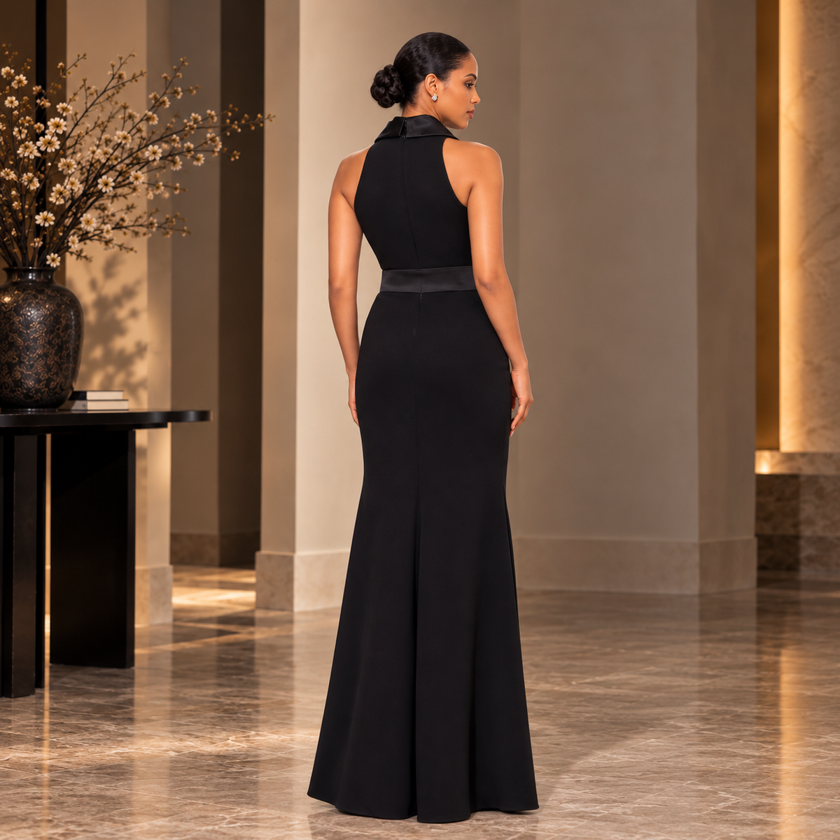 Vestido largo negro estilo esmoquin con lazo
